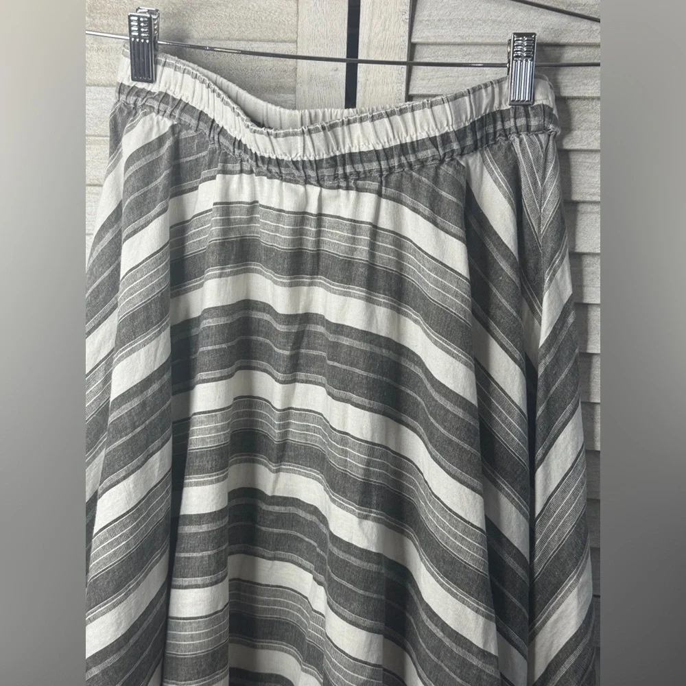 Flint & Moss Gray White Stripe Midi Skirt Button Front Tie Waist Boho Small